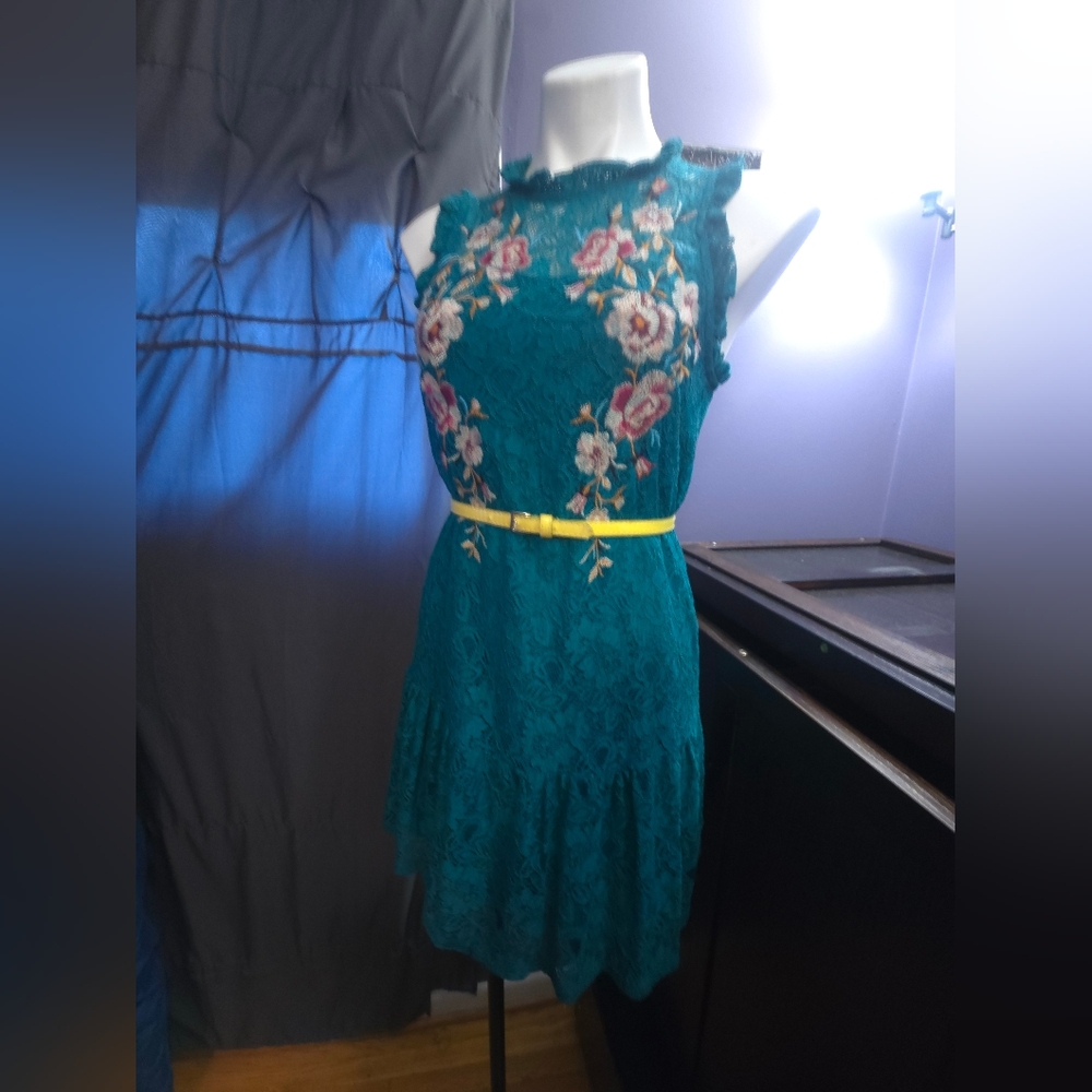 NWOT Teal Lace Dress with Floral Embroidery